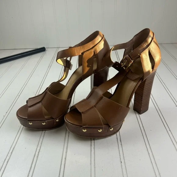 Michael Kors Brown Leather Platform T Strap Chunky Block Heels Women’s Size 7M - Picture 4 of 11